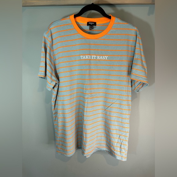 Forever 21 Men Take It Easy Embroidered Graphic Striped Crewneck Tee Orange/Blue - Picture 6 of 9